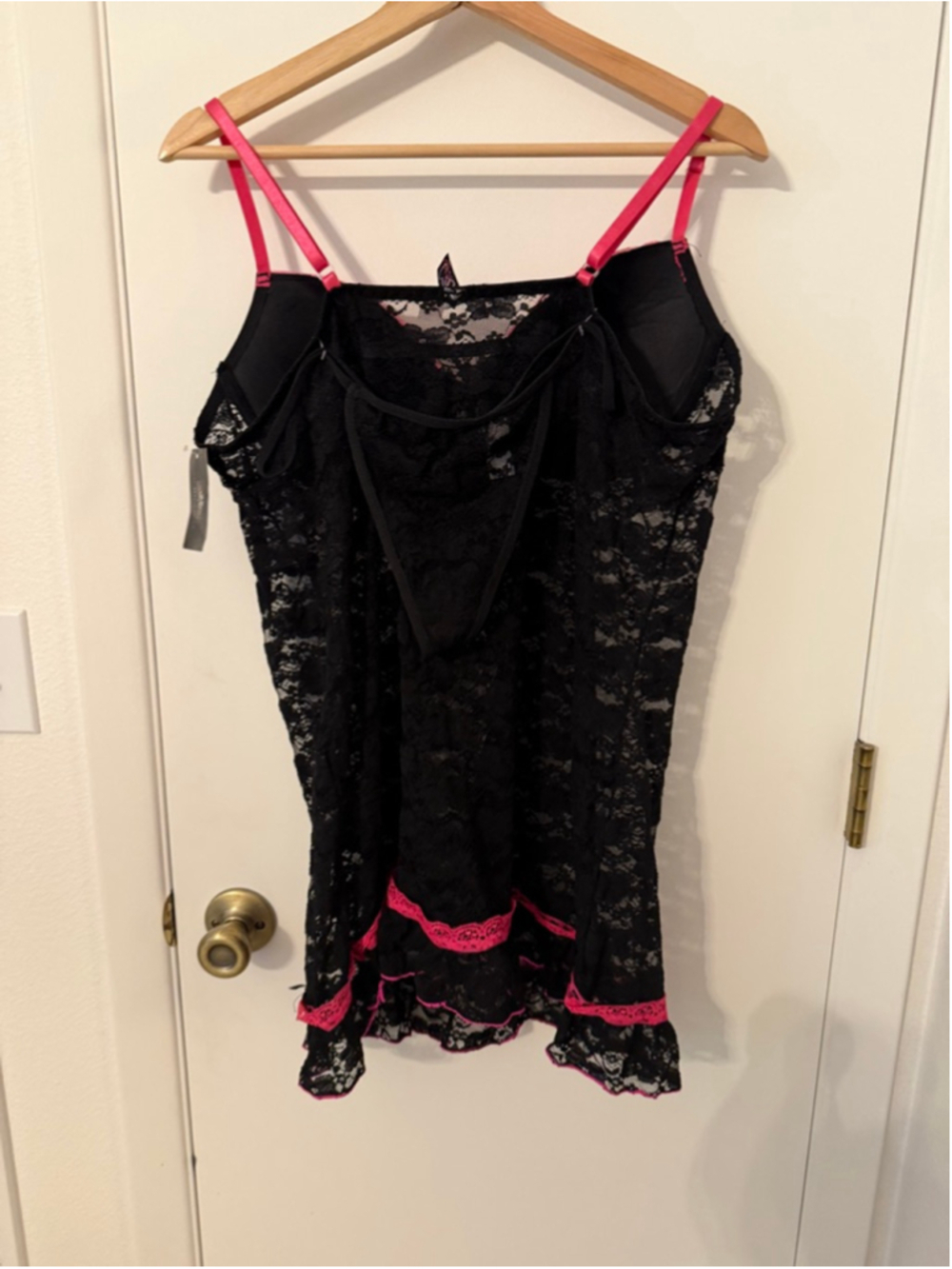 Just Sexy Lingerie 3X Black Lace Chemise Teddy Set Pink Trim Matching Thong NWT